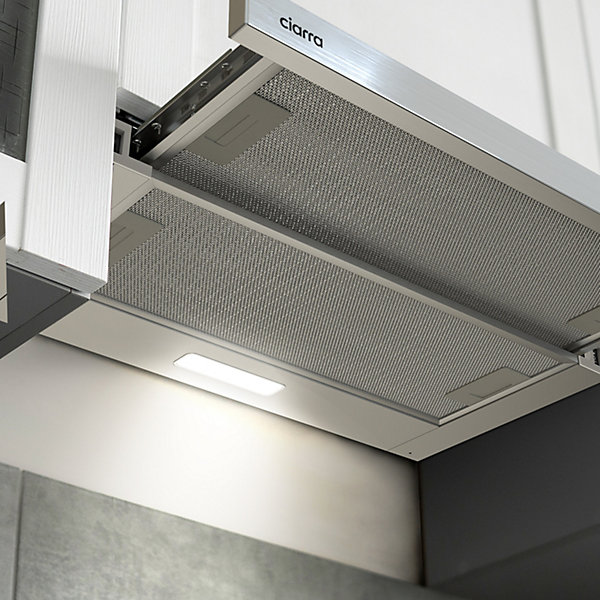 Hotte tiroir encastrable 60cm 370m3/h 2 vitesses téléscopique évacuation ou recyclage inox Ciarra CD6906DS