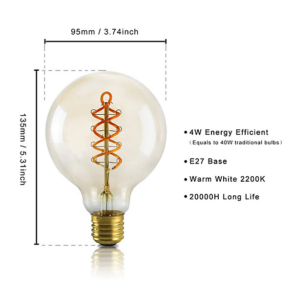 NETTLIFE Lot de 1 ampoules LED E27 ampoule G95 vintage blanc chaud 4W 2200K Edison ampoule rétro à filament
