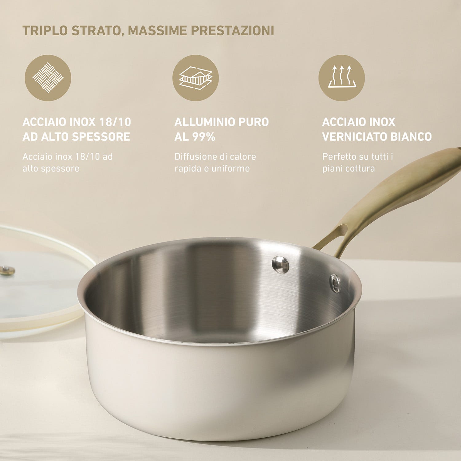 Casseruola 20 cm in acciaio bianco oro California con coperchio