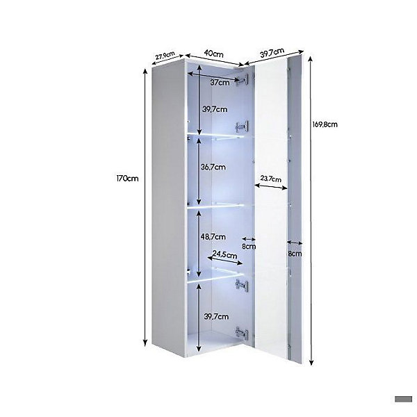 Armoire Murale Vitrine LED - 40 x 170 x 29cm - Blanc Finition brillante - 4 compartiments 4 vitrines - Rangement - NORA V5
