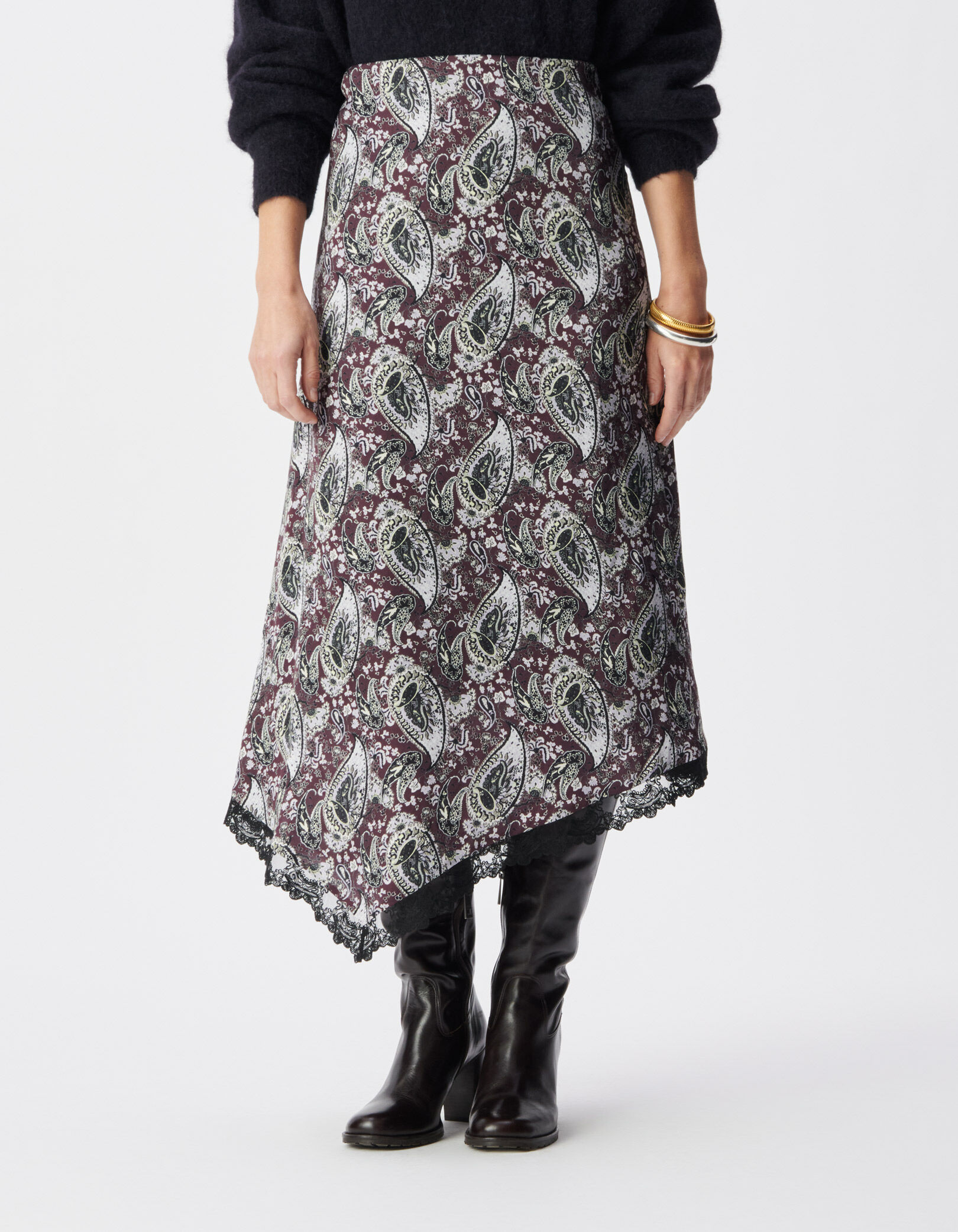 Jupe longue asymétrique cassis motif cachemire Femme