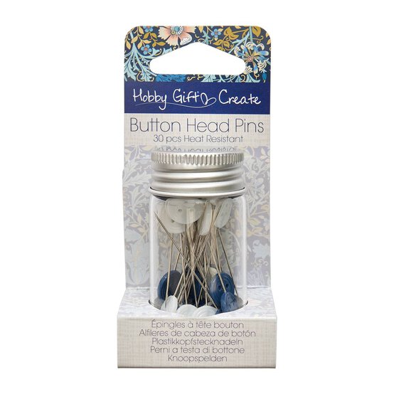 Blue Woodblock Floral Heat Resistant Button Head Pins 30 Pack