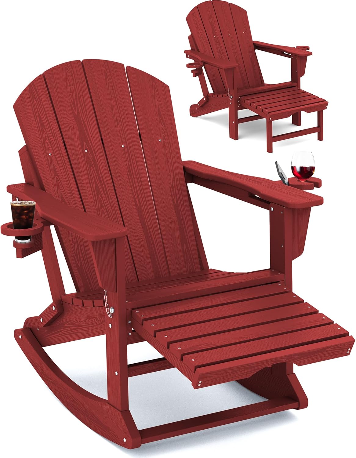 KINGYES Adirondack Rocking Chair with Retractable Ottoman and Cup Holders, HDPE Adirondack Rocker Patio Rocking Chair for Porch, Patio, Balcony, Burgundy Red