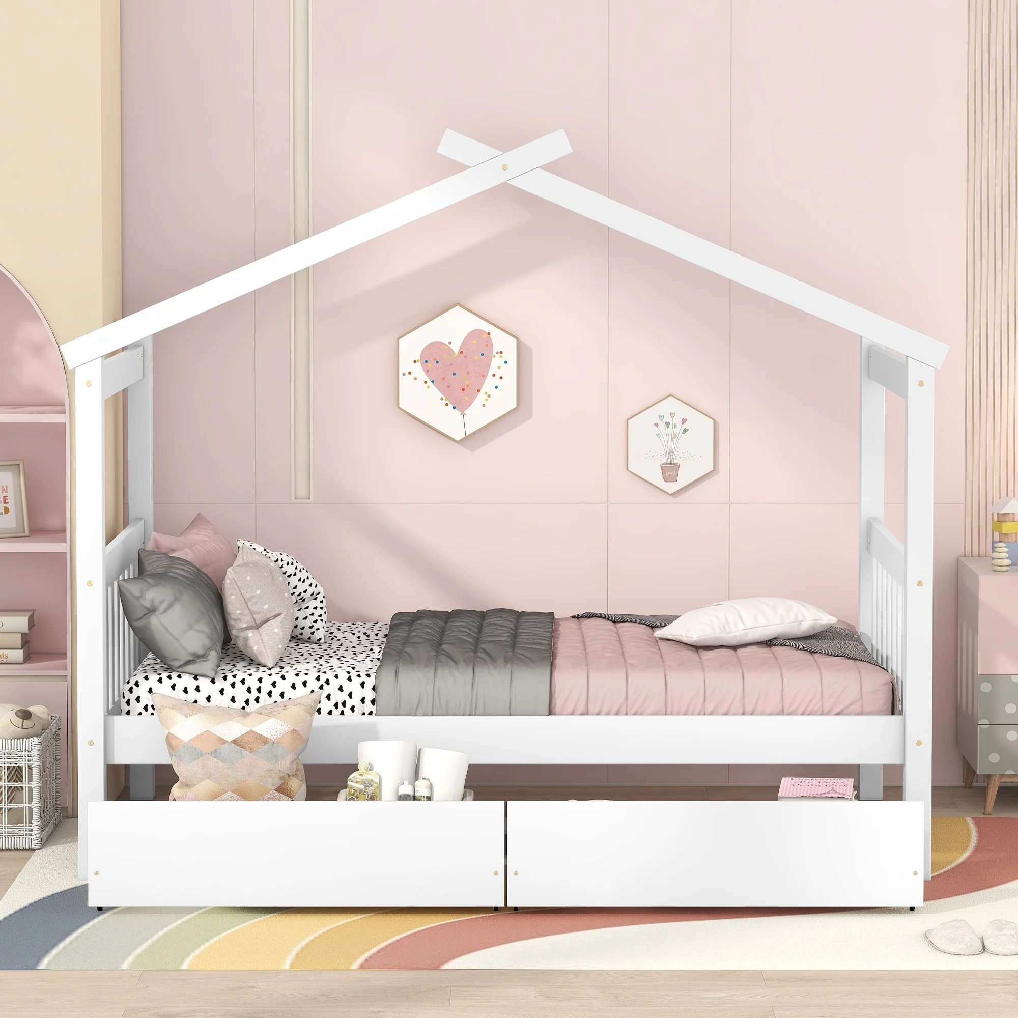 Creative Twin Size House-Shaped Wooden Bed with Drawers and Headboards for Kids