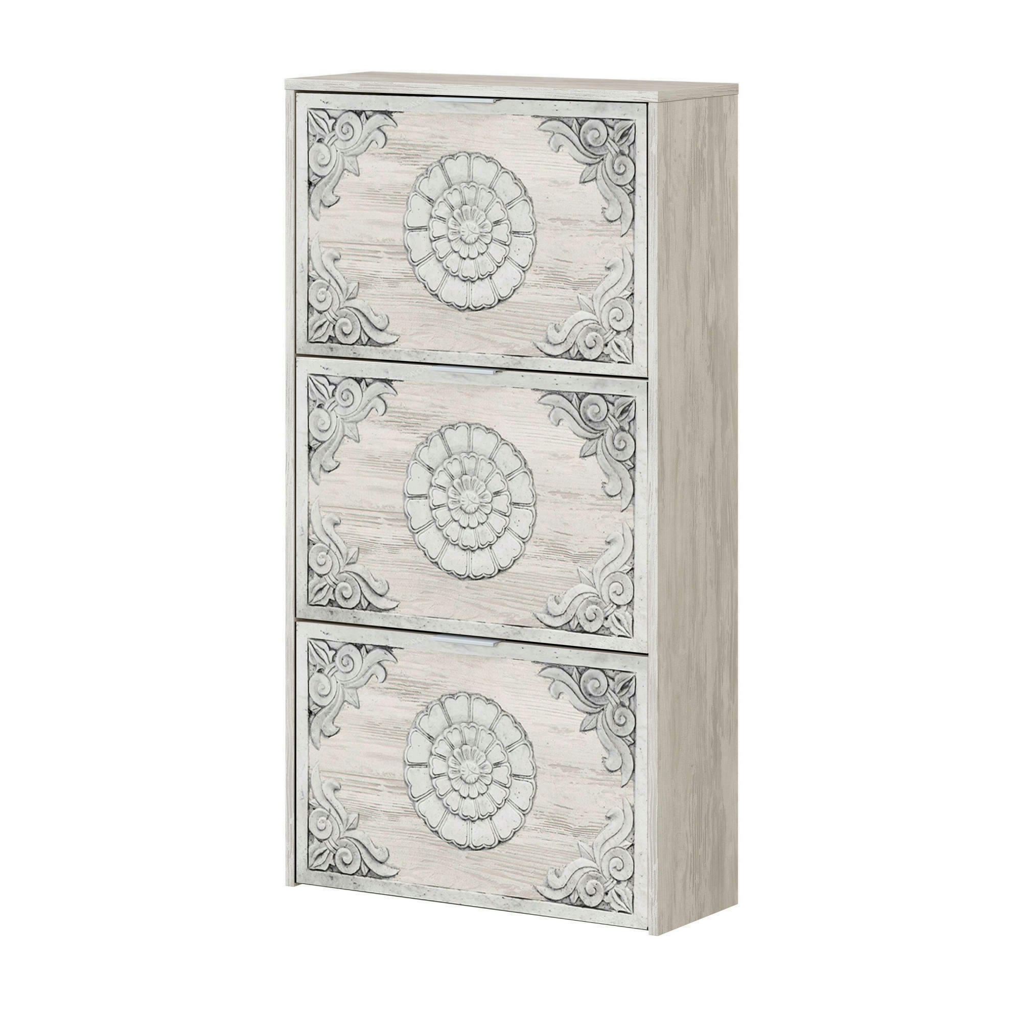 DCOSTA - Meuble à chaussures avec 3 portes pliantes effet bois blanc antique