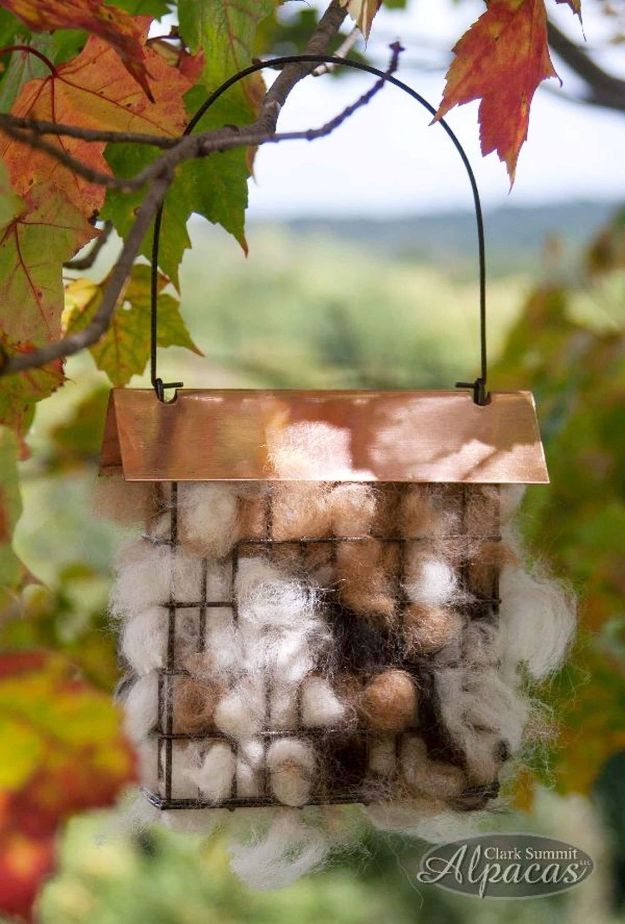 Unique Bird Lover Watcher Gift, Alpaca Wool Nesting Materials in Suet Cage Feeder, Grapevine Ball Alternative, Eco Friendly Garden Ornament