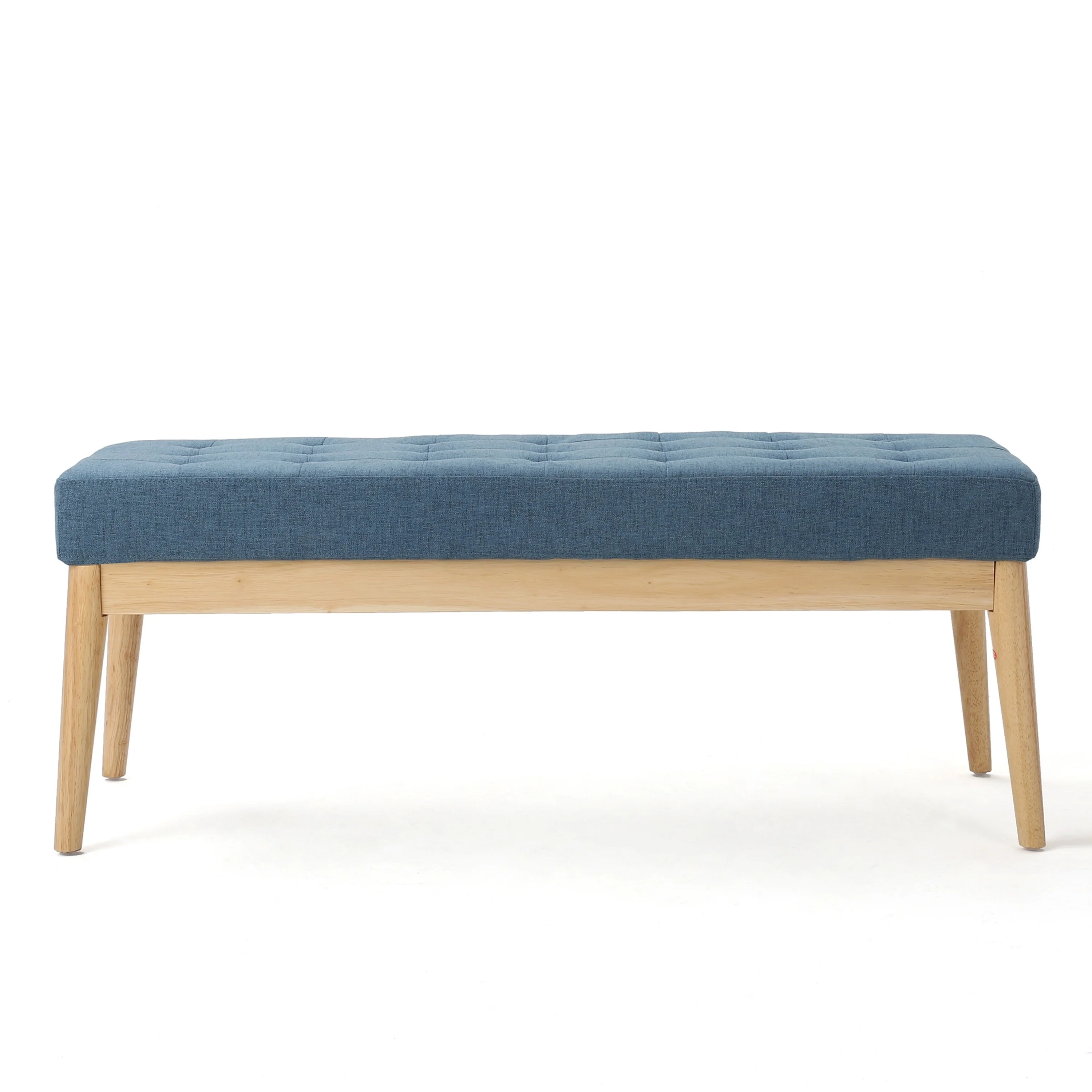 Gisa Ottoman Bench, Blue Fabric Tufted, Natural Brown Wood, 44 Inch