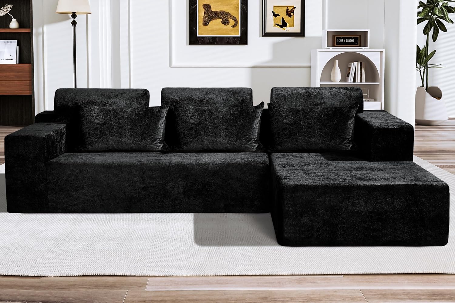 HABUTWAY 105 L-Shape Modular Sectional Sofa Couch for Living Room,No Assembly Required,Modular Comfy Sofa with Deep Seat for Living Room Bedroom,Luxury Distressed Velvet(Right,Black)