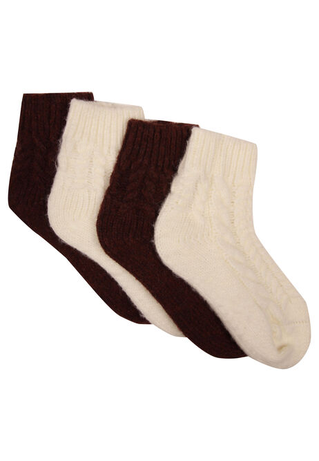 Womens 2pk Burgundy & Cream Heavy Weight Cable Socks