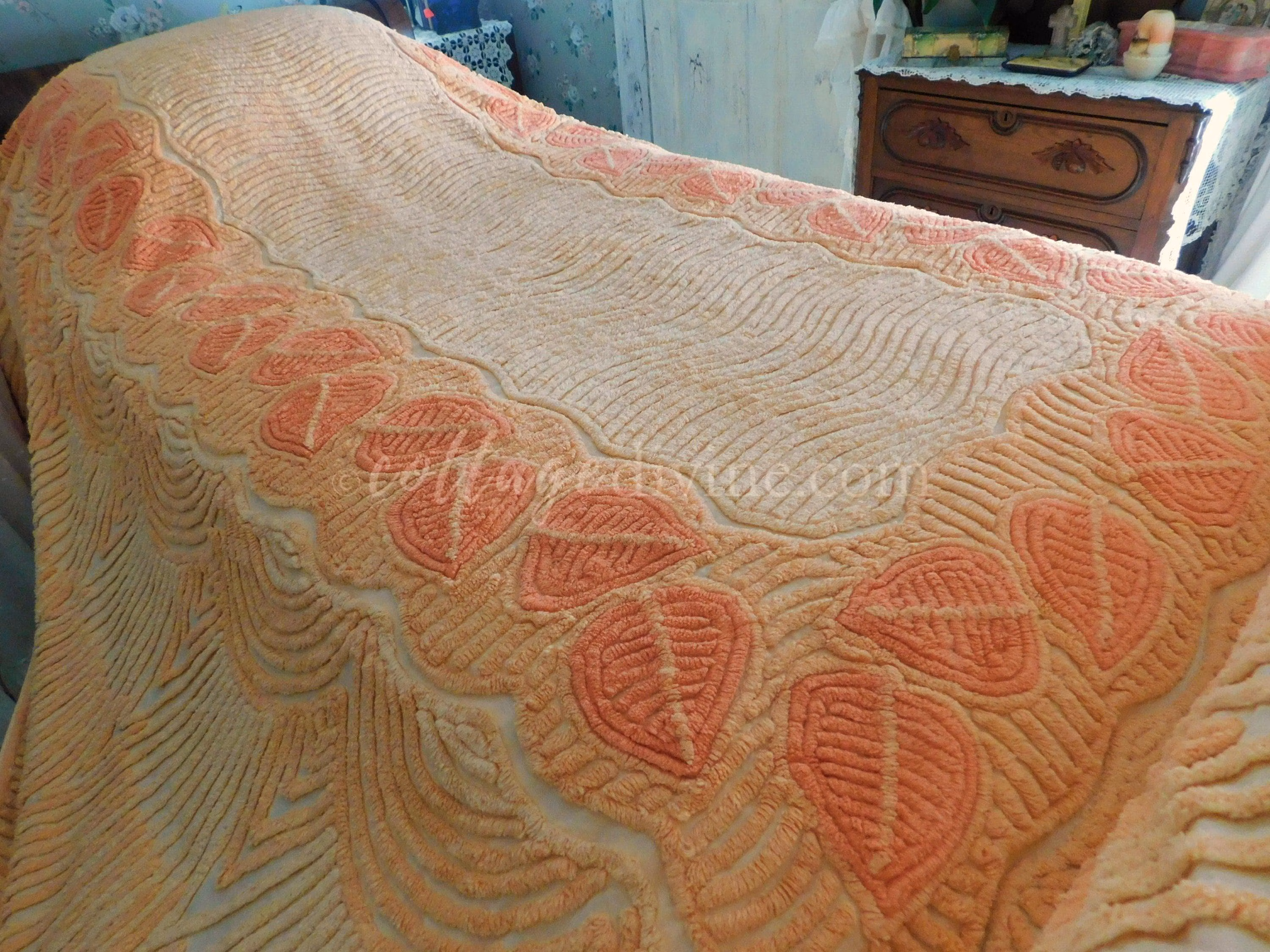 Fancy Falling Leaves Vintage Cozy Peach Chenille Bedspread, 1940s Era Cotton, Twin Size