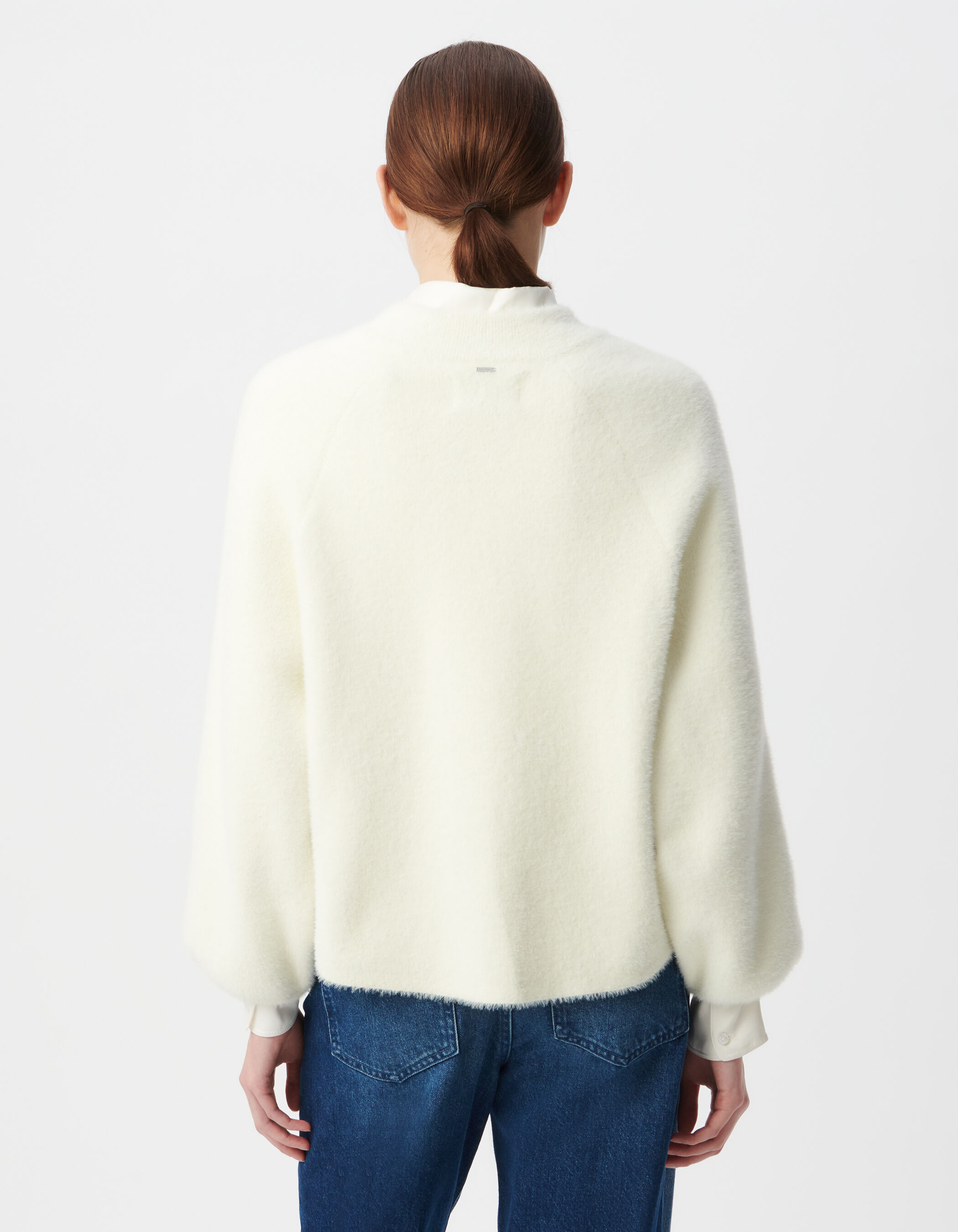 Cardigan blanc tricot duveteux poches à rabat pressionné Femme