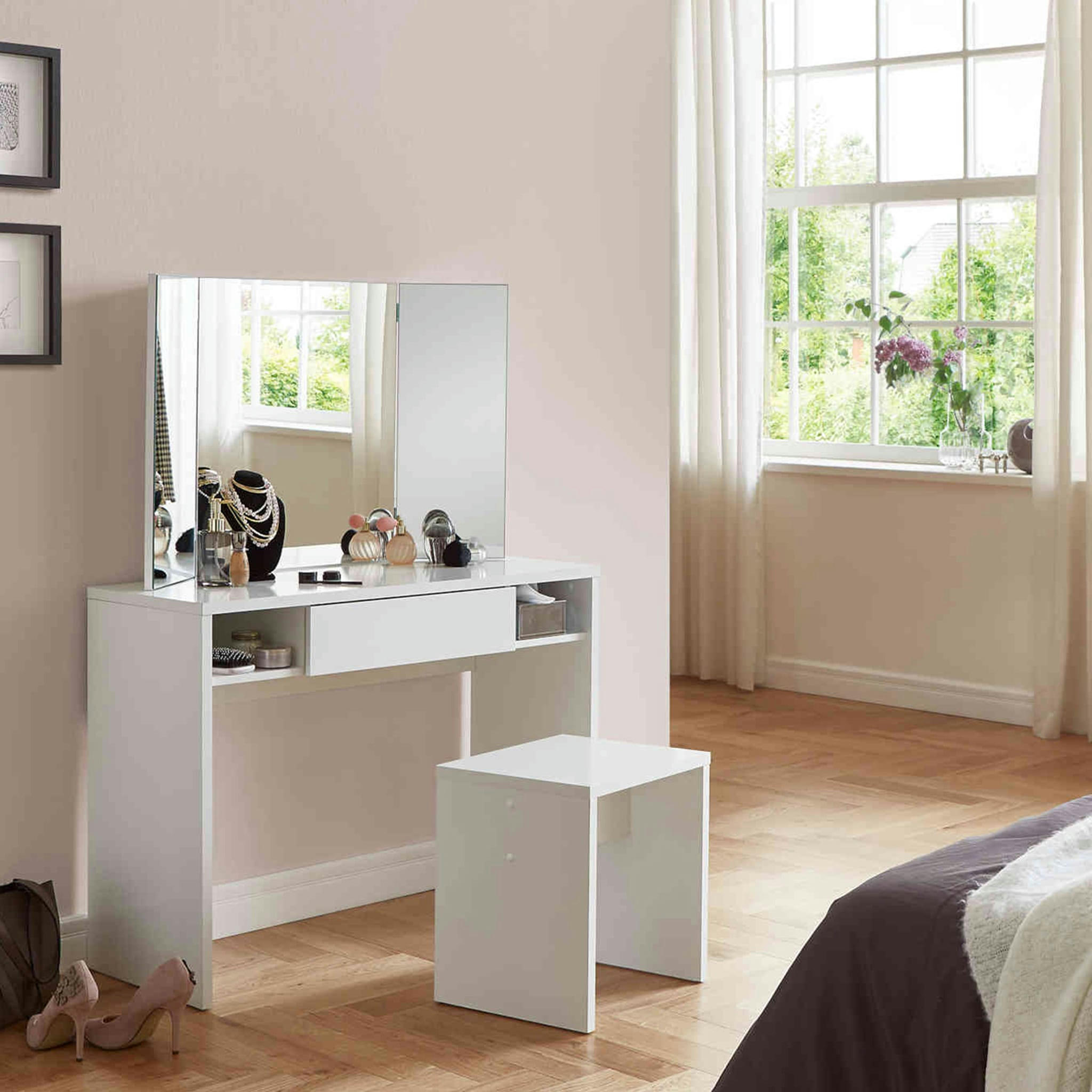 - Coiffeuse avec miroir et rangements, tabouret