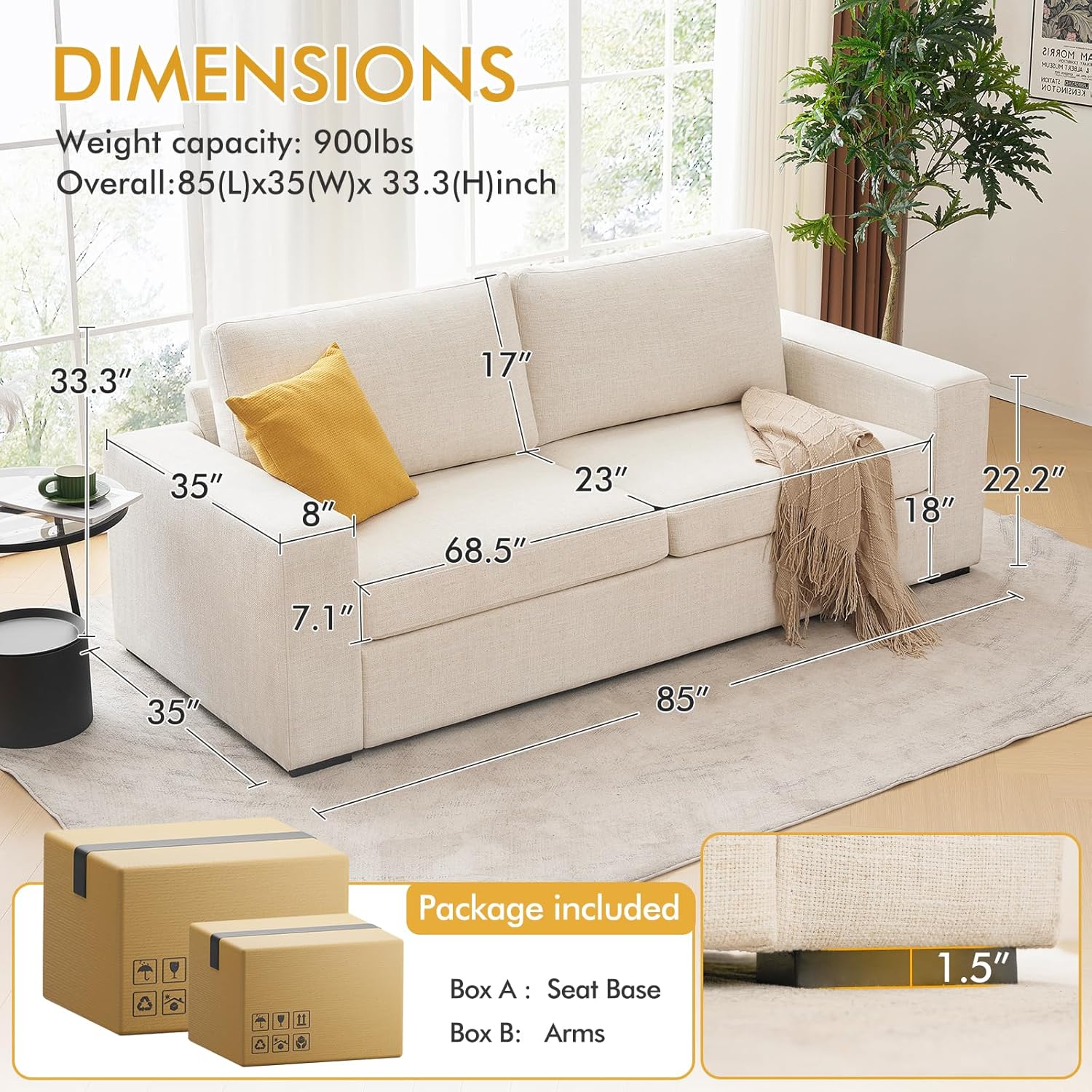 ELUCHANG 85 Modern Sofa Couches for Living Room, 3 Seater Sofa, Natural Linen Deep Seat Sofa with Upholstered Cushion&Detachable Cover, Comfy Sofa Couch for Small Space, Apartment, Beige