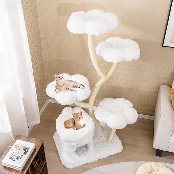 165CM Arbre à Chat Design Incurvé,XXL,Griffoir en Sisal, 4 Plates-Formes en Forme de Fleur, Grotte &Lit, 76 x 59 x 165cm (Beige)