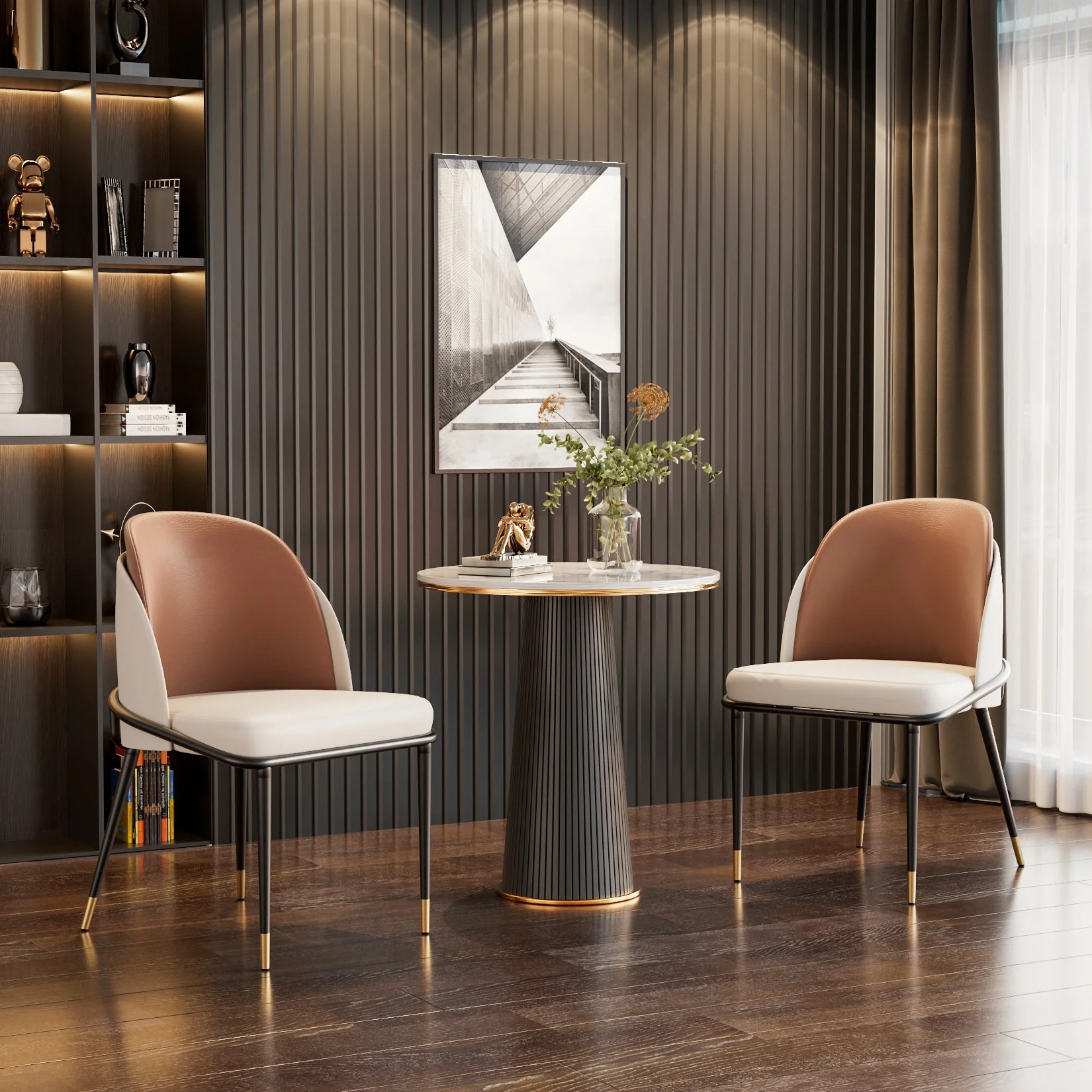 Set of 2 Kitchen Leather Two Toned Leisure Upholstered Seat Dining Room Chairs with Metal Legs