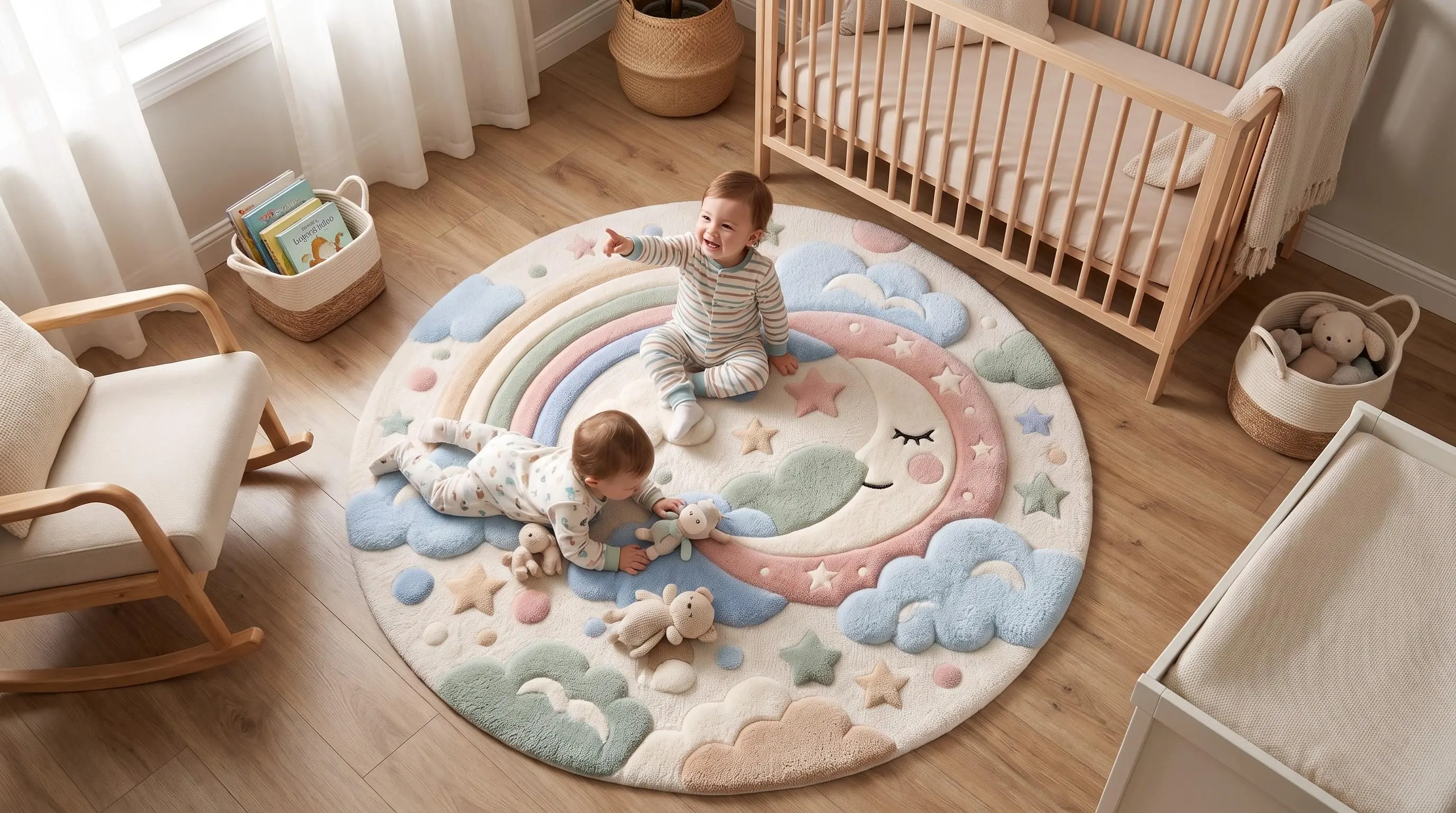 Nursery rug, baby play mat, playroom rug, living room, Handmade Home Decor, Custom Kids, Pastel Rainbow Moon, Wool Kids Carpet,