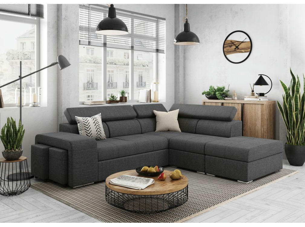 SONIA - Canapé d'angle convertible en tissu - Angle droit - Gris foncé