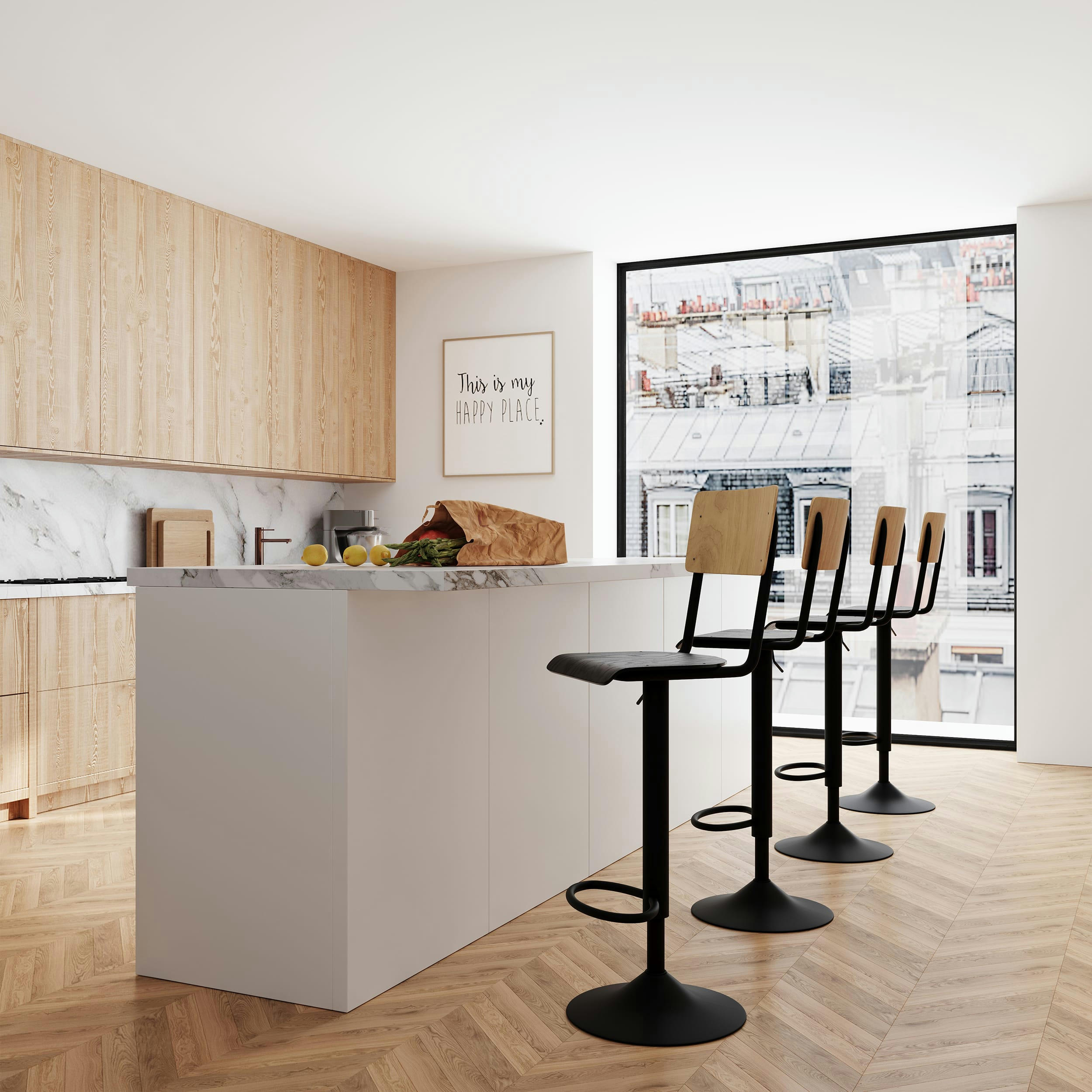 CLEM - Chaise de bar réglable 60/80cm en bois clair et noir x2