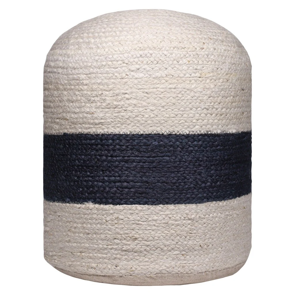 HomeRoots 18 Off White And Navy Blue Jute Blend Cylinder Striped Pouf Ottoman