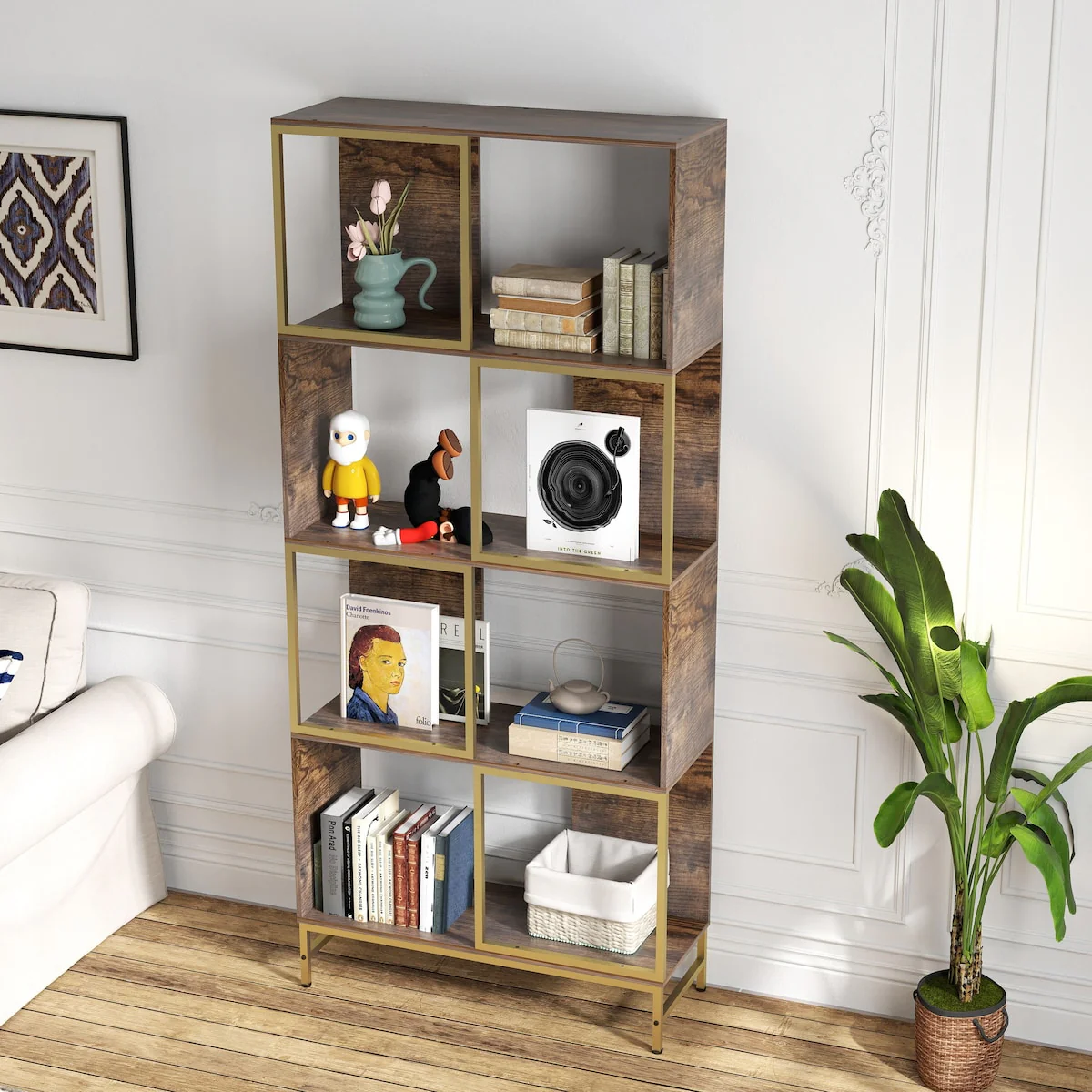4-Tier Industrial Bookcase, Rustic Wood and Metal Frame, Asymmetrical Shelf Design, Display Storage Shelf