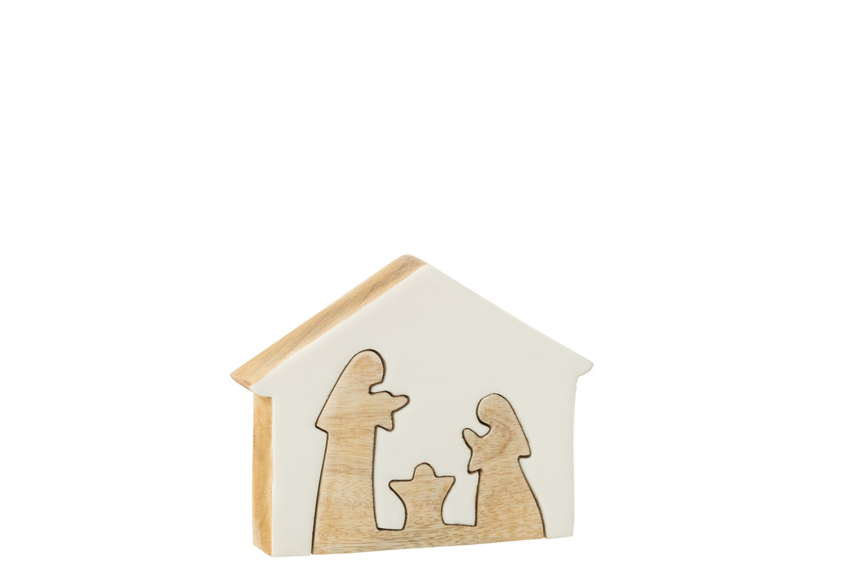 J-Line decoratie Kerststal Huis - hout - wit/naturel - medium