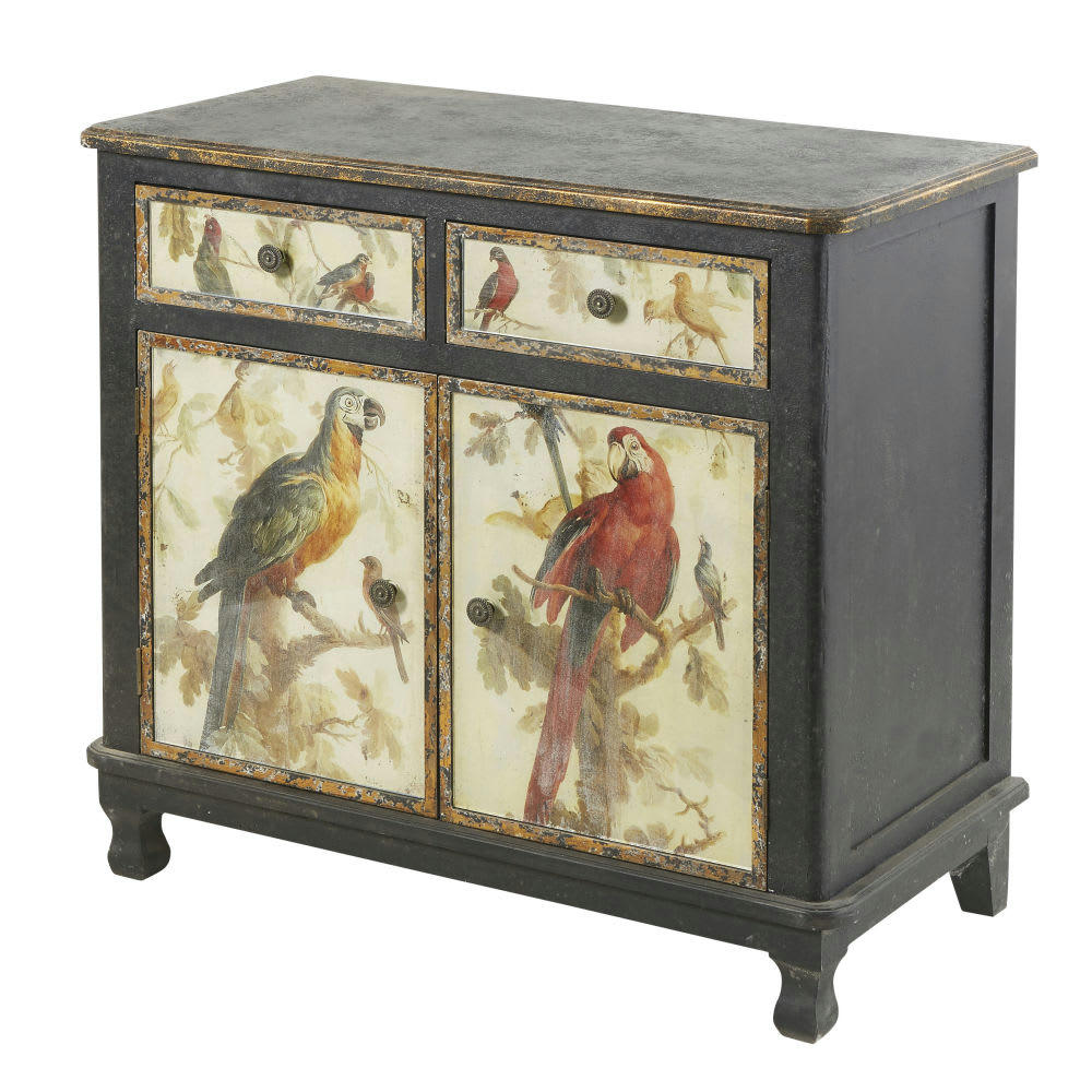 Perroquet - Buffet 2 portes 2 tiroirs noir et imprimé perroquets