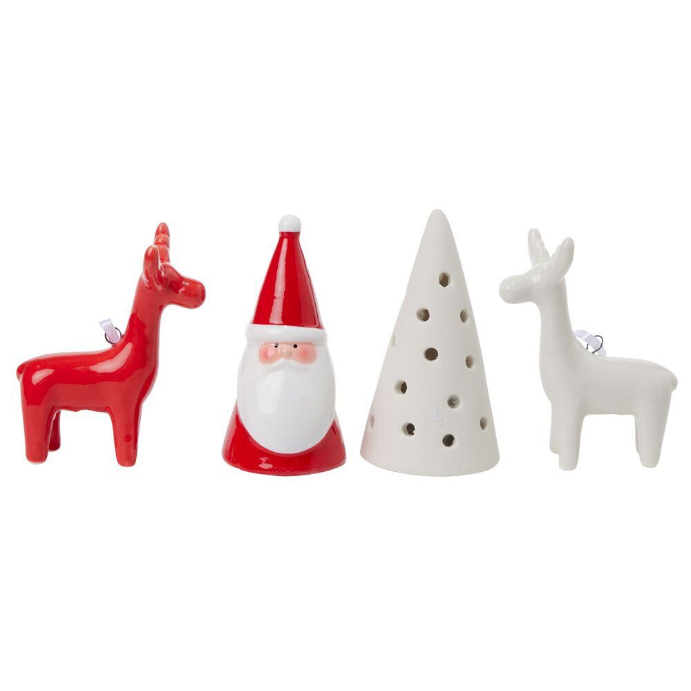 Décoration lumineuse Père No&euml;l cerf sapin porcelaine rouge et blanc x4