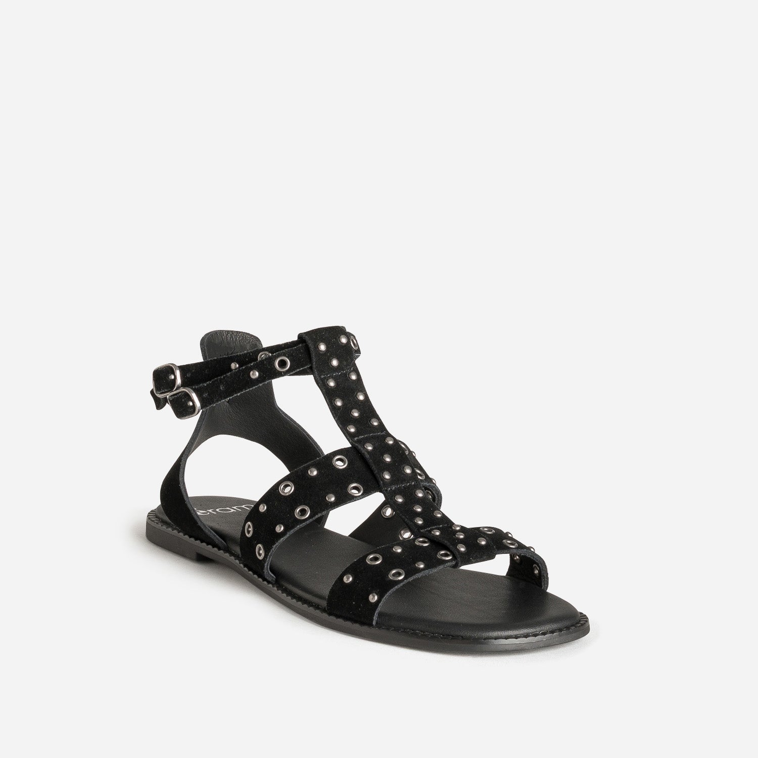 Sandale noire cuir velours œillets et clous