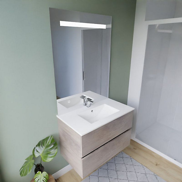 Meuble vasque ROSALY INOX 80 cm   miroir Eleg plus ht105- Bois- Plan vasque en Céramique