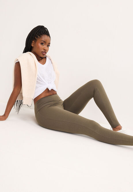 Womens Khaki Green Wide Waistband Leggings