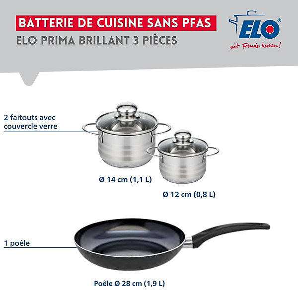 Ensemble de 1 Poêle de cuisson 28 cm et 2 faitouts 12 et 14 cm Elo Prima Brillant