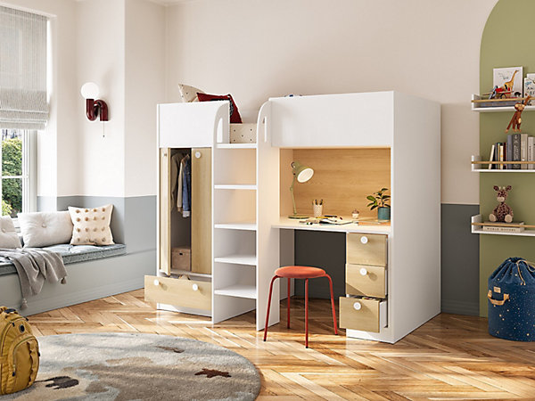 Lit mezzanine90 x 190 cm avec armoire et bureau - Blanc et naturel - CINAMO