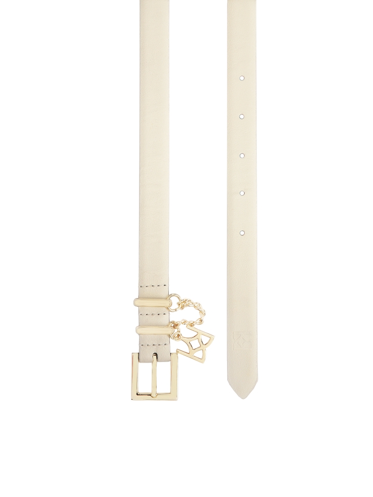 Cream narrow belt with two metal loops and chain