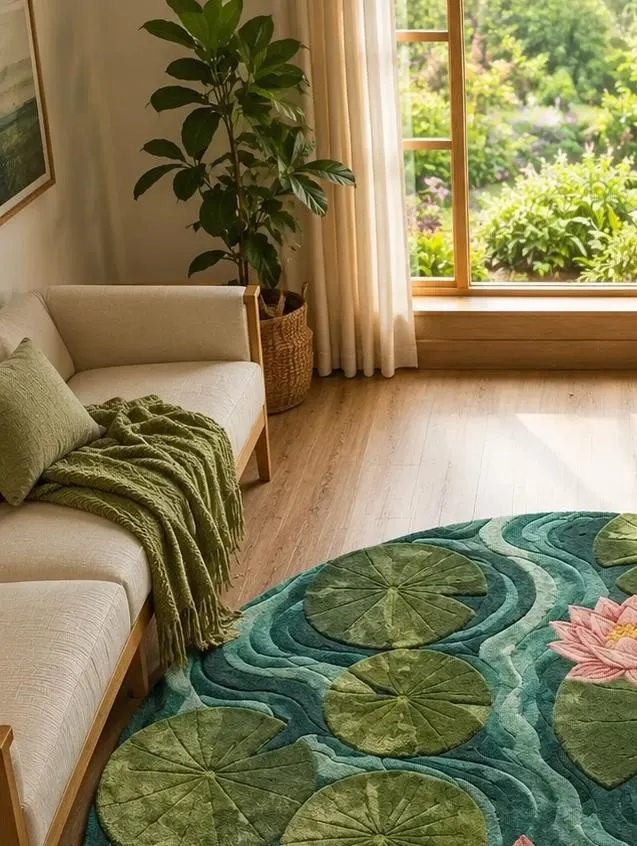 Hand Tufted Wool Pond Rug, Water Lily Lotus Carpet, Nature Inspired Living Room Decor