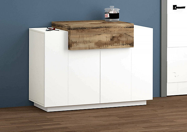 Etagere à chaussures Peter, Armoire polyvalente avec 2 portes et 1 porte abattante, 120x45h86 cm, Blanc brillant et Erable