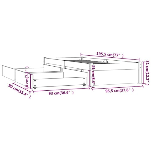 NNEVL Bed Frame with Drawers 90x190 cm 3FT Single