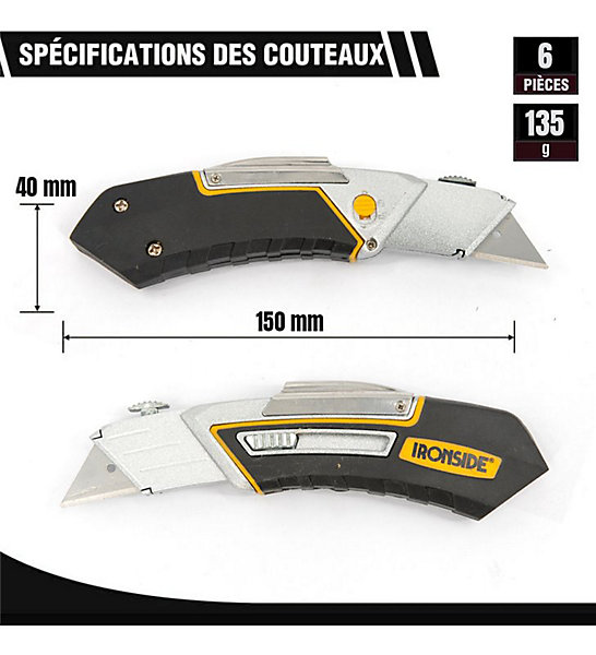Lot de cutters rétractables Ironside avec poignée ergonomique et rangement à la ceinture Taille - Lot de 6