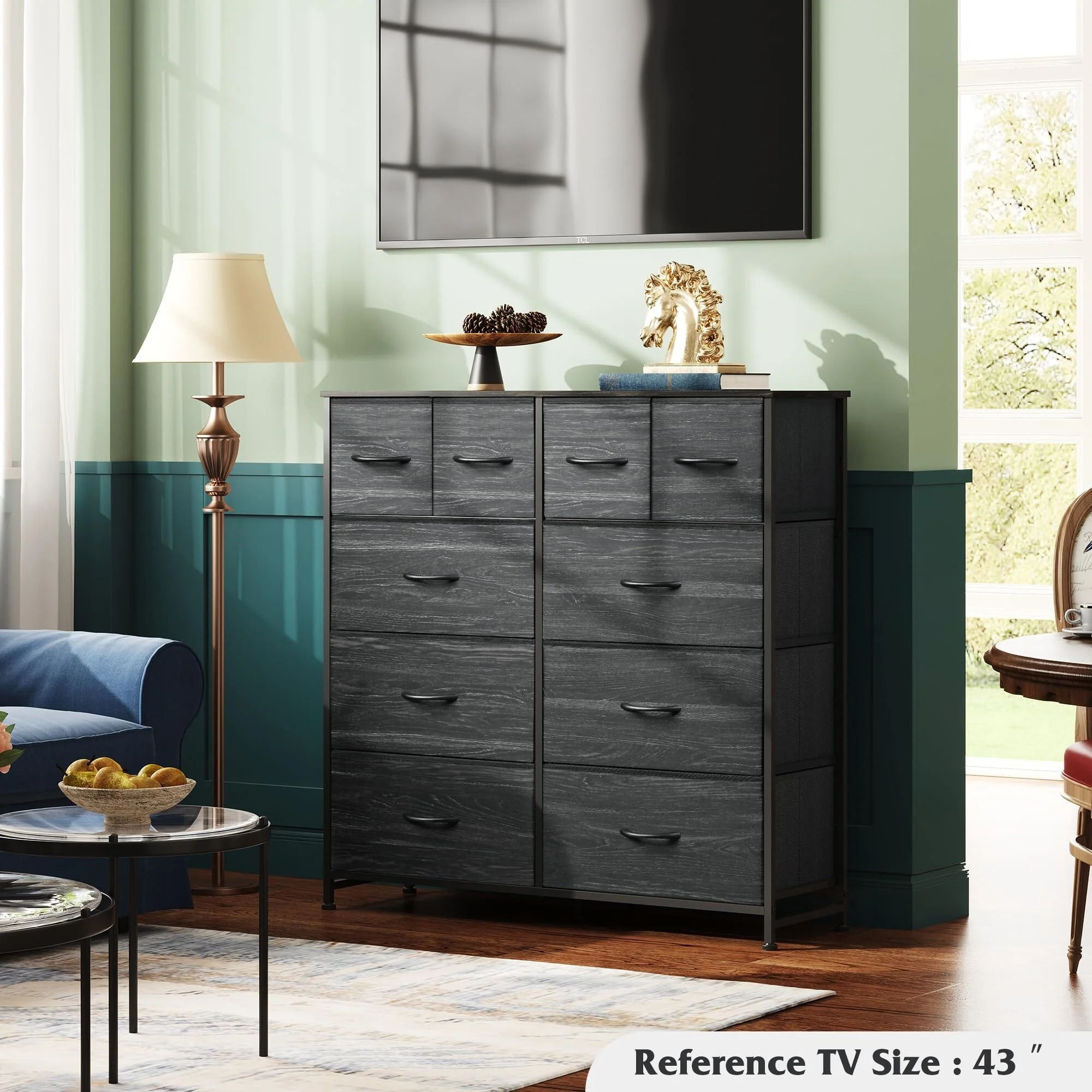 Charcoal Black 10 Drawer Fabric Dresser with Wooden Top Metal Frame Storage Tower for Bedroom Closet Organization