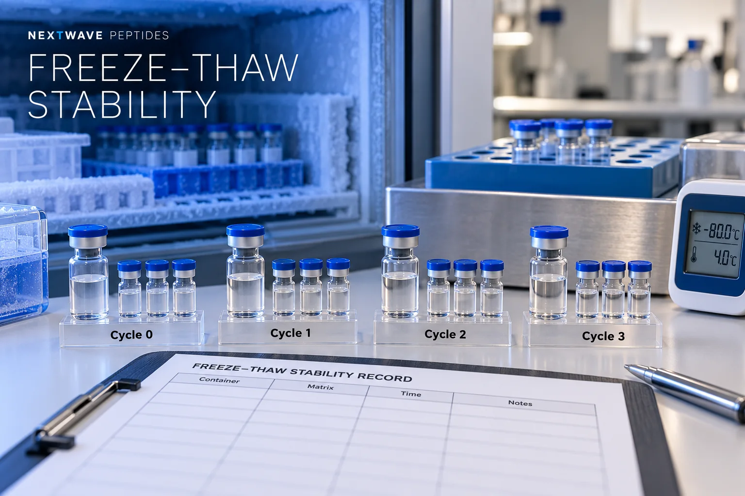 Matched research peptide vials arranged from freeze-thaw cycle zero through cycle three beside a freezer, thaw block, and laboratory record.