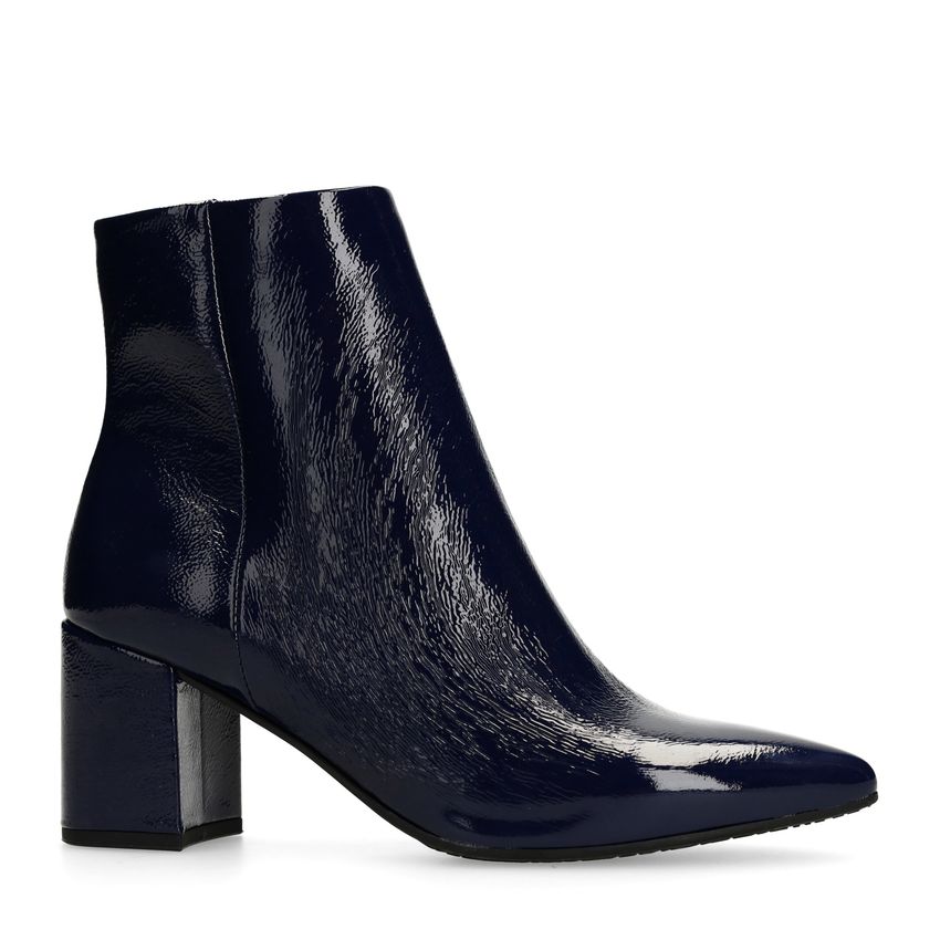 Manfield Blauwe lakleren enkellaarsjes met hak