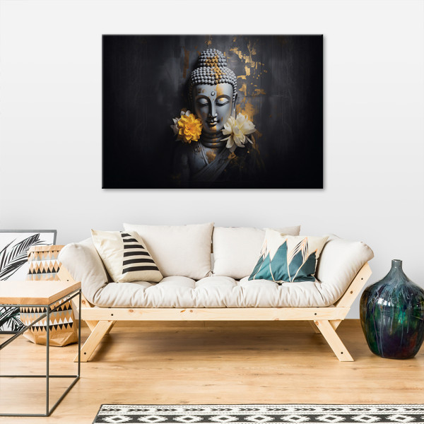 Feeby Obraz na płótnie, Szary budda i kwiaty 60x40