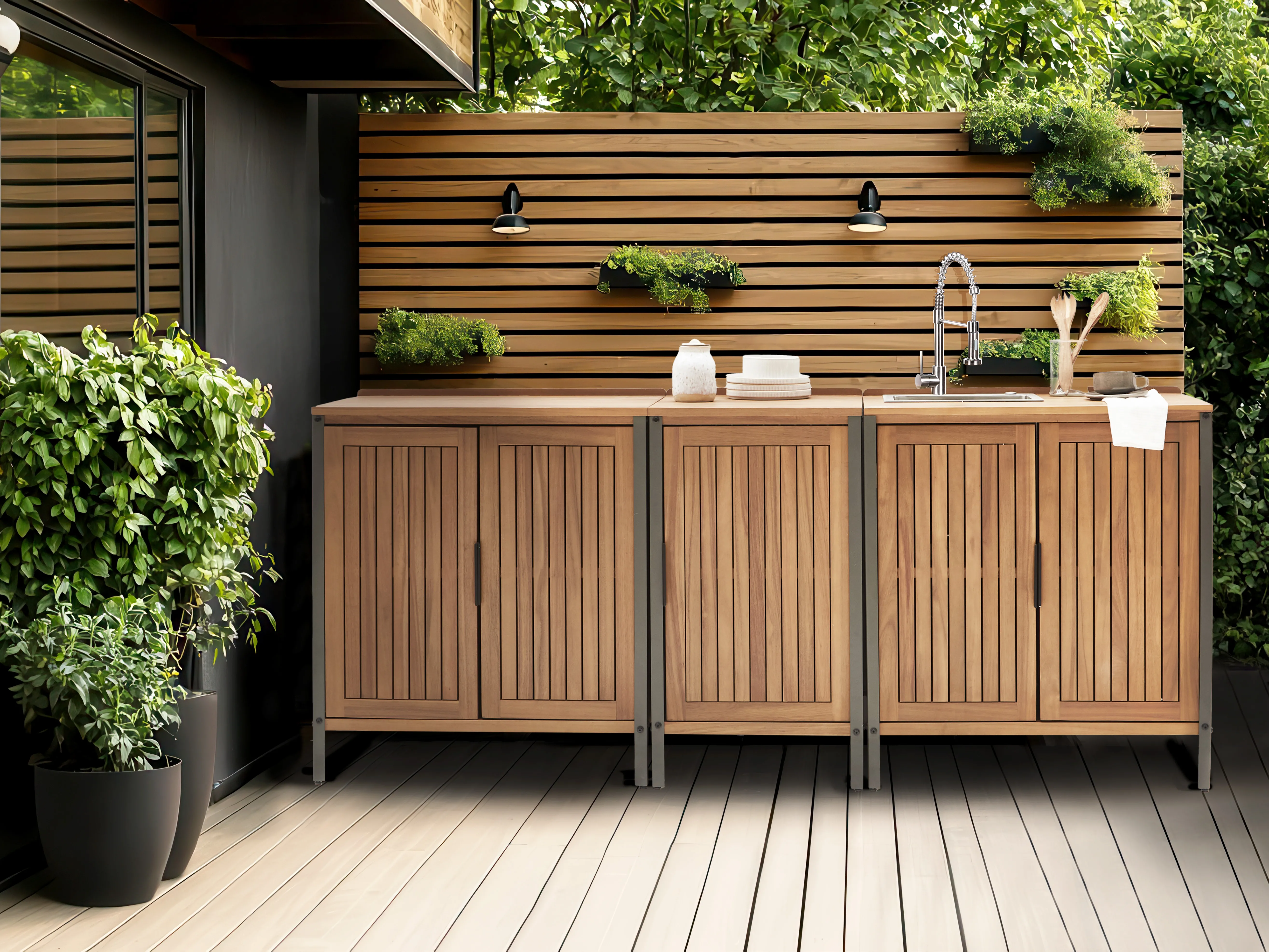 3 Piece Outdoor Kitchen Set with Sink IVREA Certified Acacia Wood Brown/ Silver