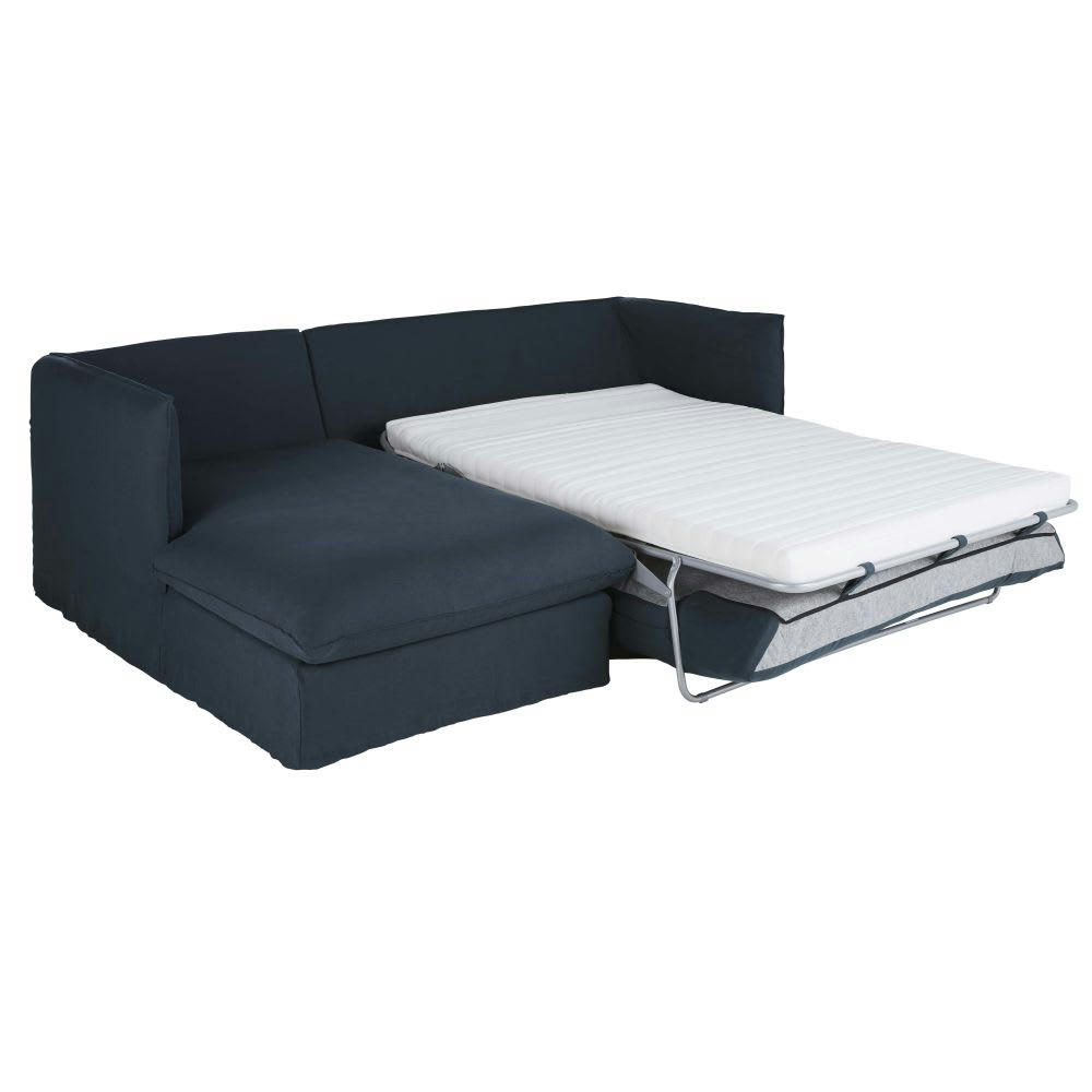 Louvain - Canapé d'angle gauche convertible 3/4 places en lin froissé bleu nuit, matelas 10 cm