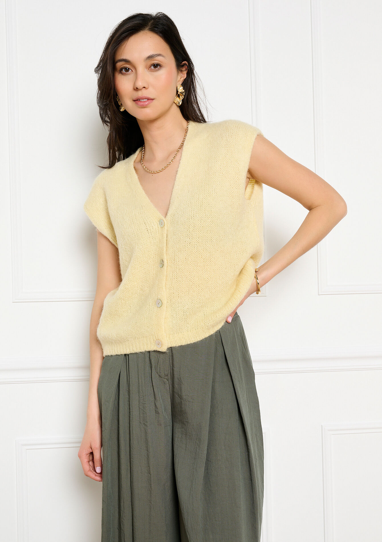 Mouwloze gebreide cardigan
