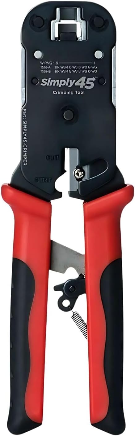 Simply45 Pass-Through RJ45 Crimp Tool for Unshielded and Internal Ground Shielded Pass-Through RJ45 Modular Plugs - Built-In Stripper/Cutter - S45-C100