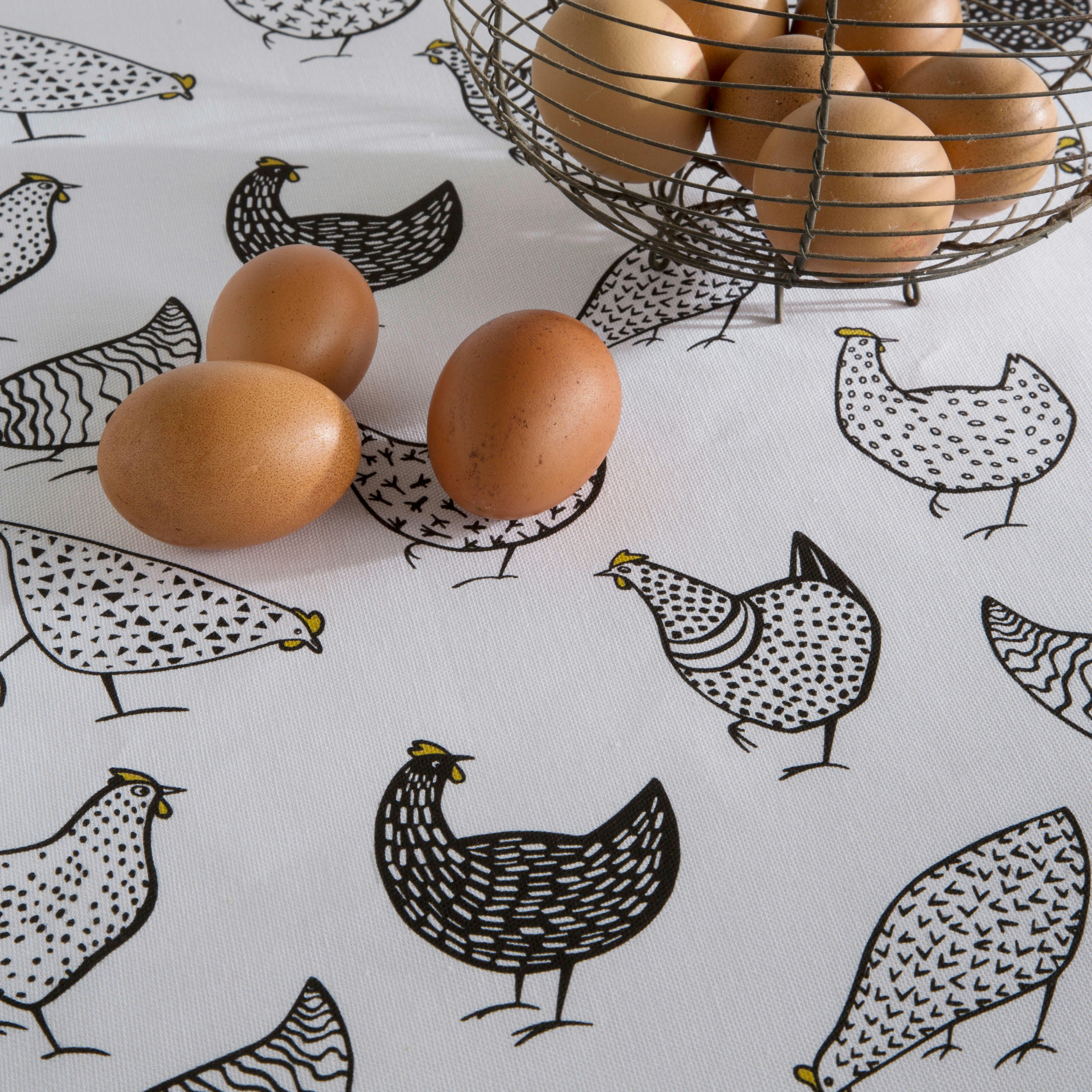 ABIGAIL NEGRO - Nappe en coton biologique antitâche imprimée poules 140x240 cm