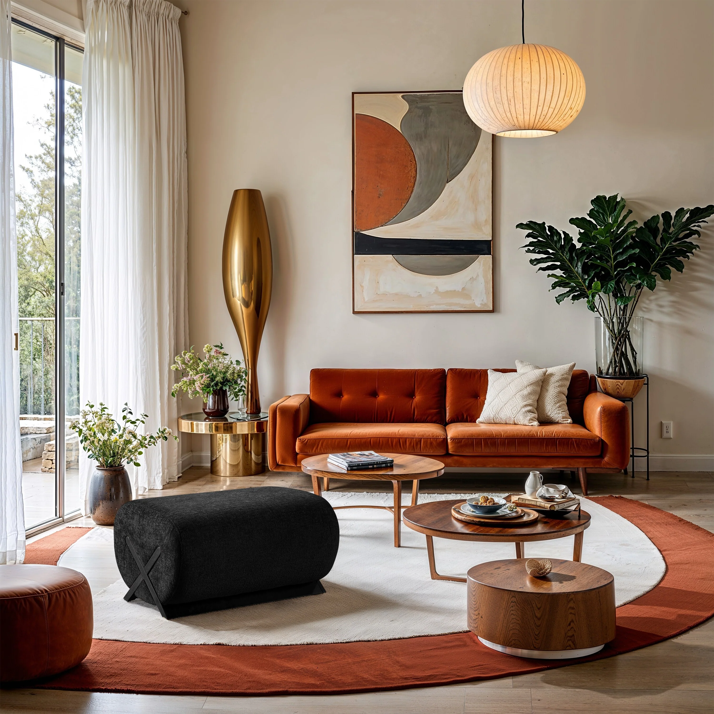 Akira Fabric Ottoman, Black Finish