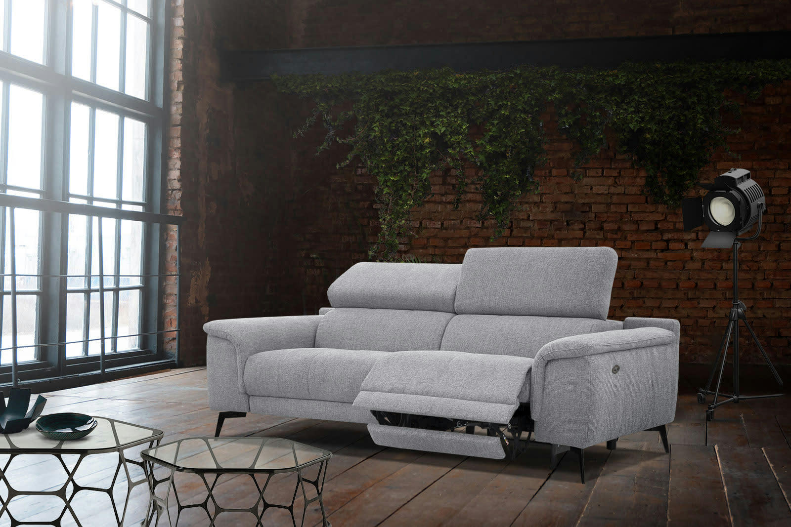 FIERO - Canapé 3 places XXL avec relax électrique côté droit tissu gris clair