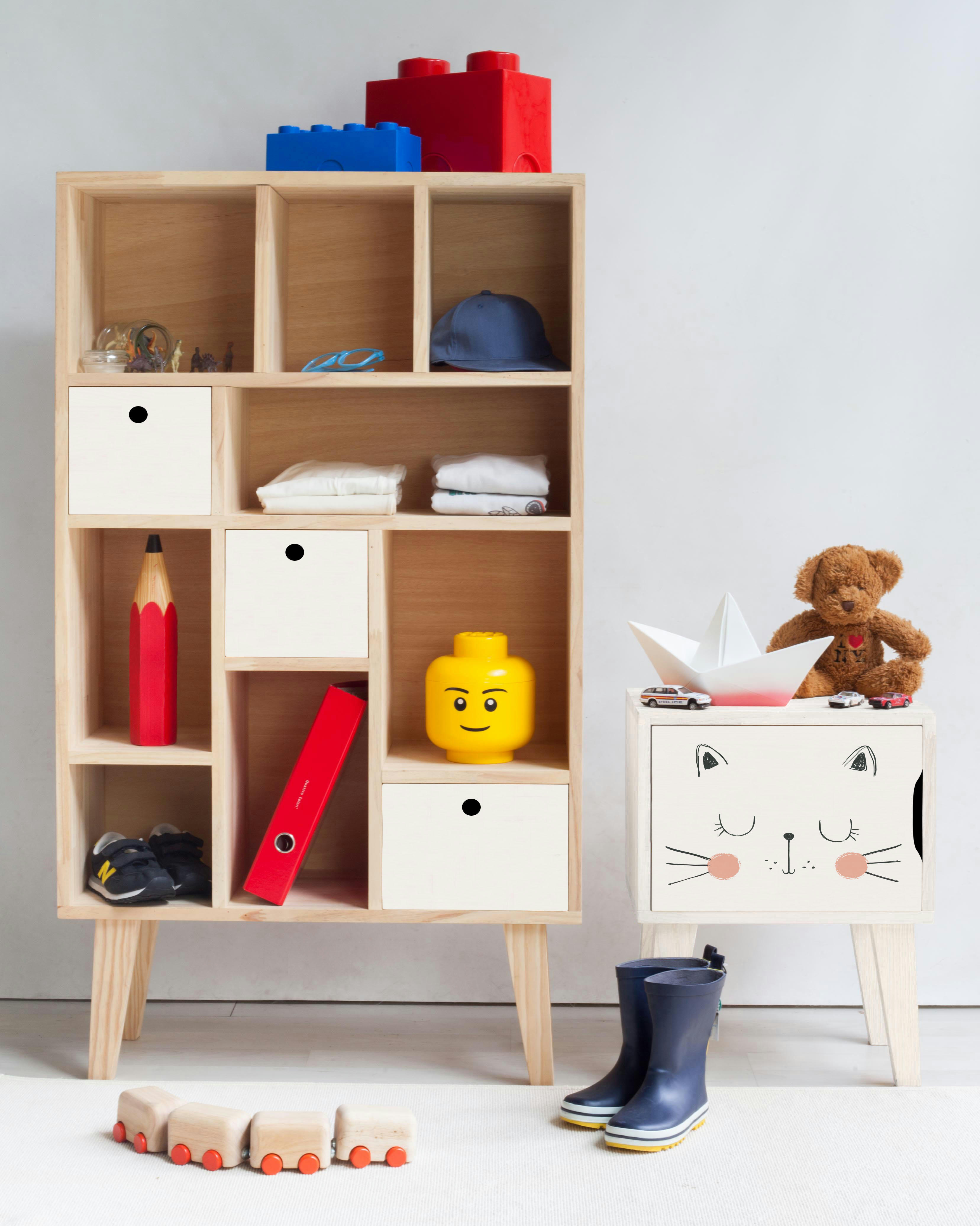 CAT - Table de chevet en pin pour enfant dessin de chat