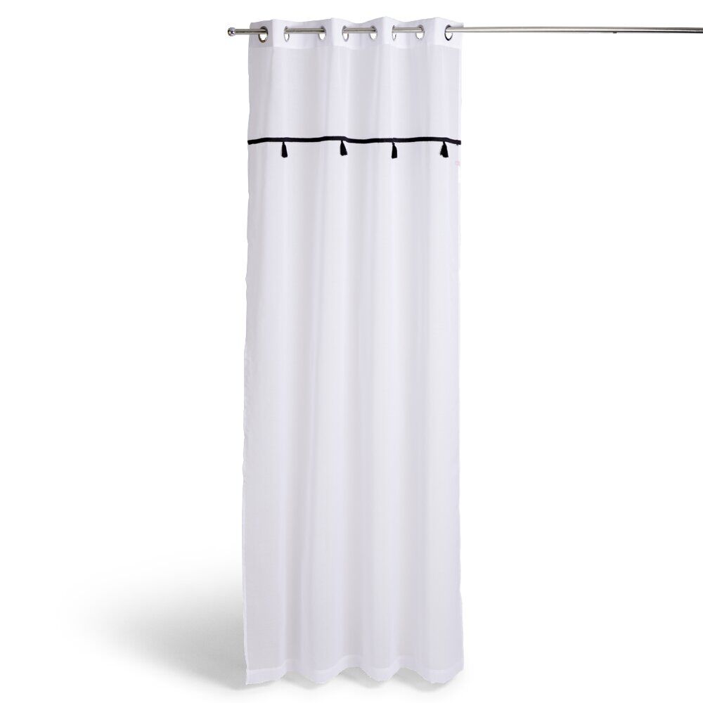 Voilage 140x240cm polyester blanc à pompons noirs